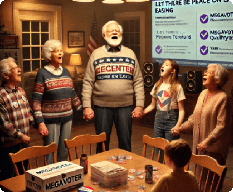 A family, including children and seniors, holds hands and sings in a warmly lit room. Campaign posters and voting materials are scattered on a table, and slogans are projected on a wall.