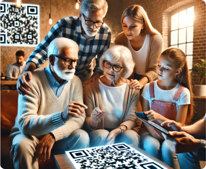 Group of five people gathered around a table with a QR code projected on it, holding electronic devices. Two large QR codes are on the wall in the background.