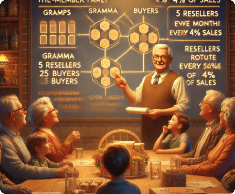 An elderly man presents a multi-level sales diagram to a family around a table. The chart includes percentages and roles like resellers and buyers. Everyone listens attentively.