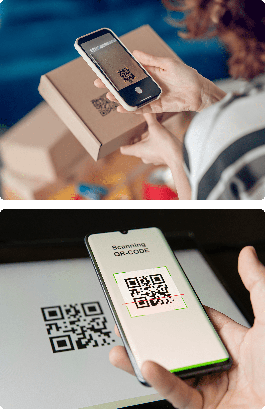 A person scans a QR code on a package with a phone. Another phone displays "Scanning QR-CODE" over a code on a screen.