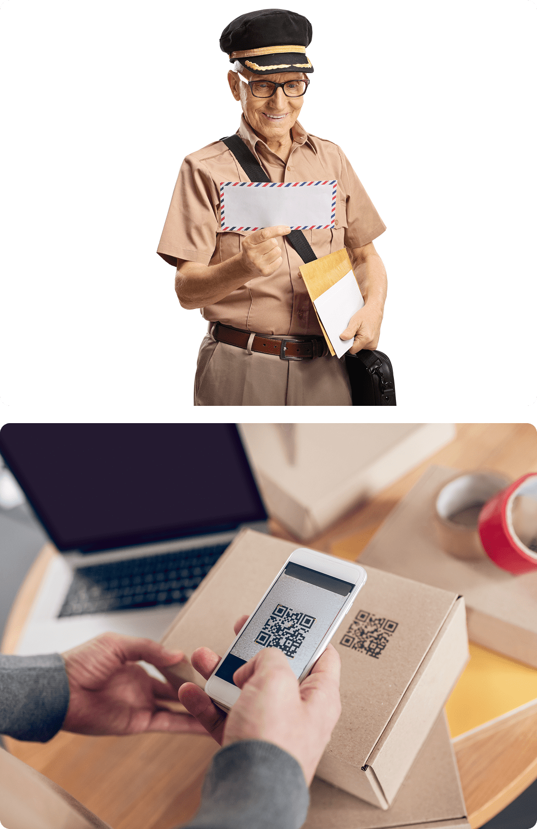 A man holding an envelope and a person using a phone.
