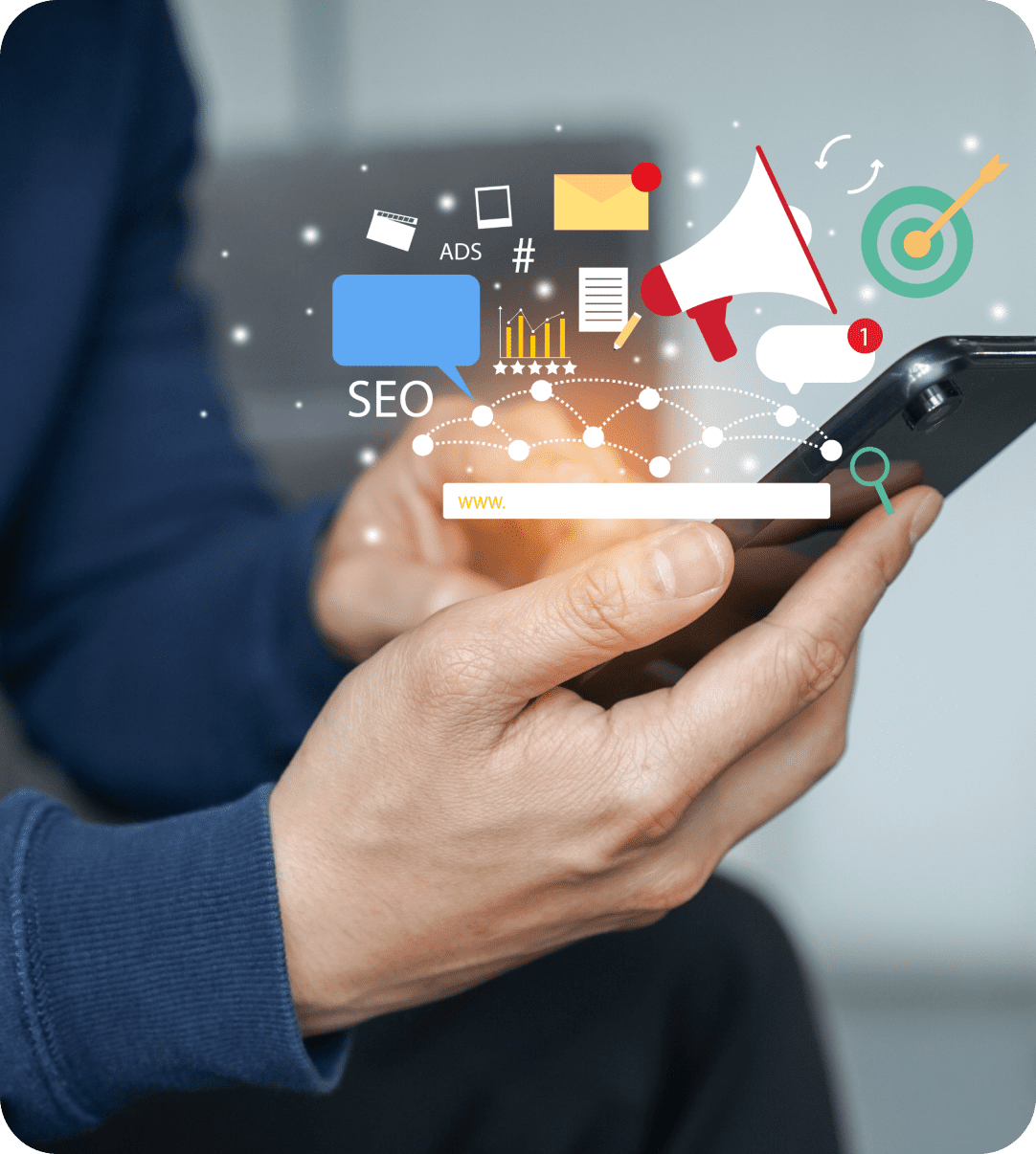 A person holding an iphone with seo icons above it.