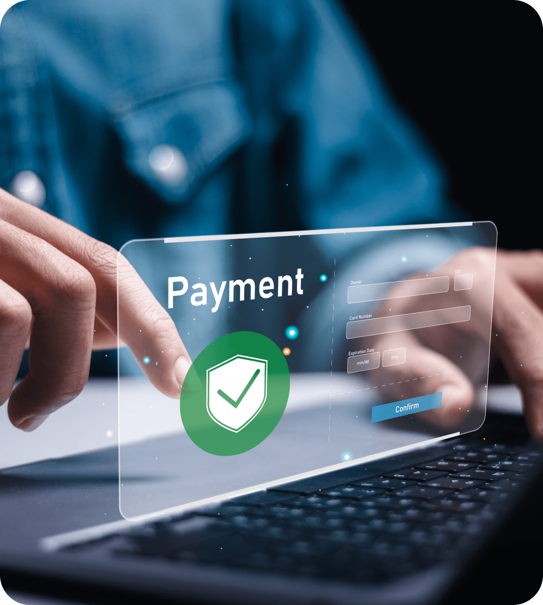 A person is typing on a laptop with the word payment written above it.