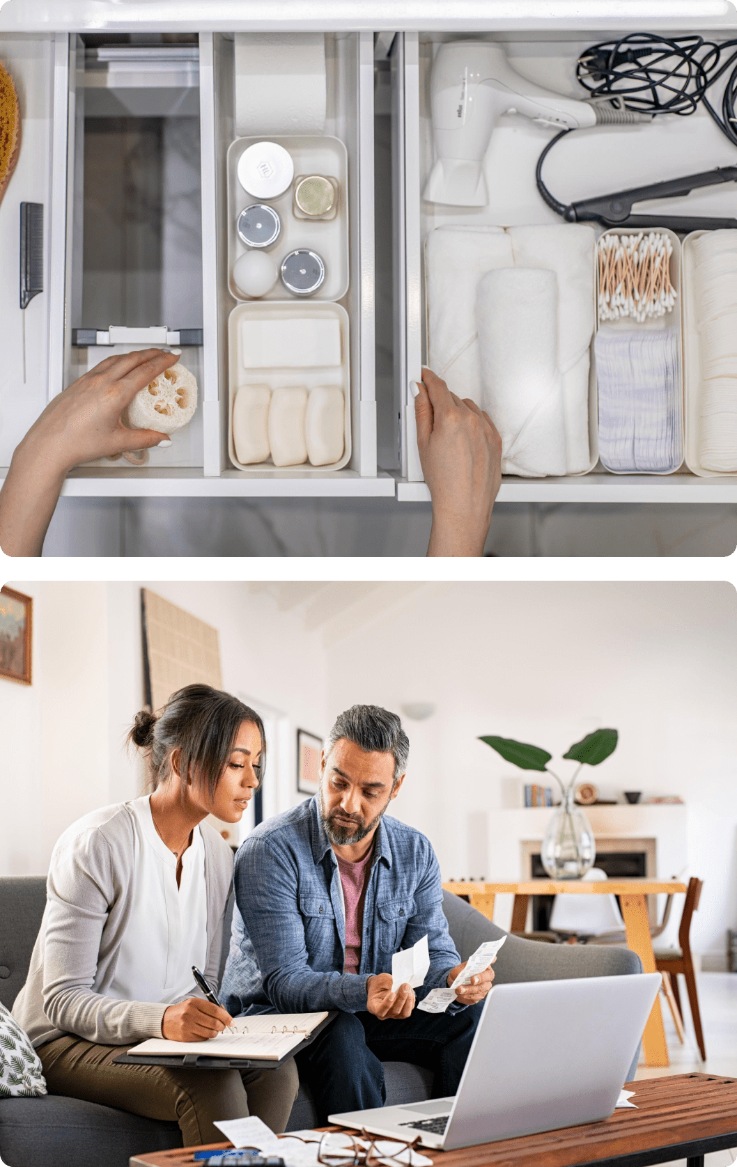 A couple of people are looking at some items
