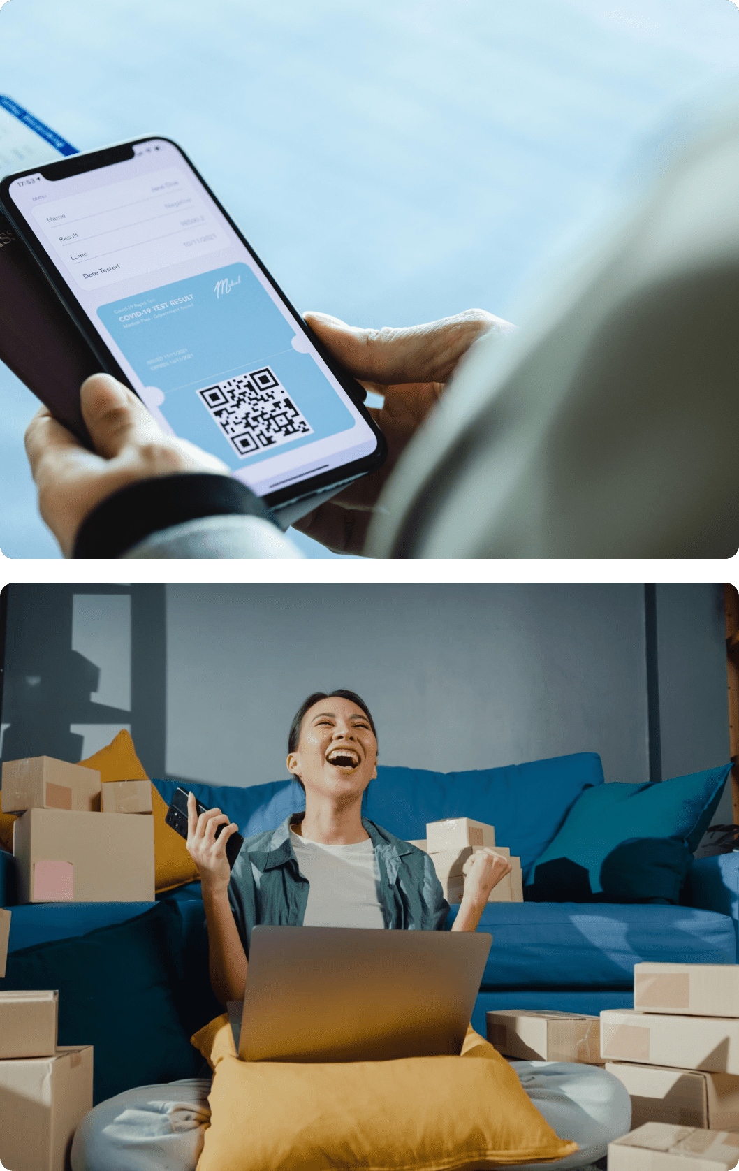 A person sitting on the couch with boxes and a phone