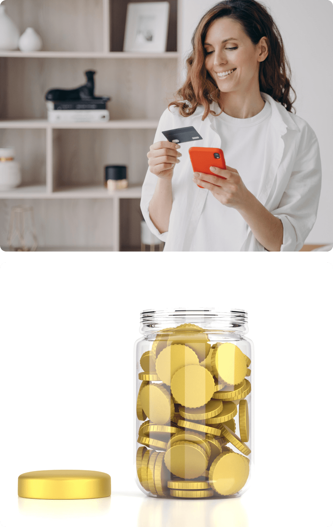 A woman holding her phone and jar of coins