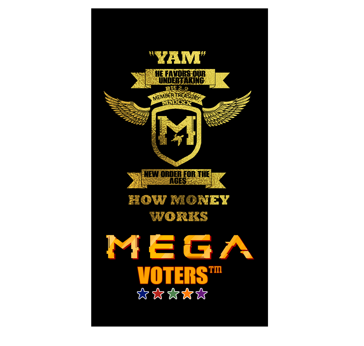 A black background with gold letters and words.