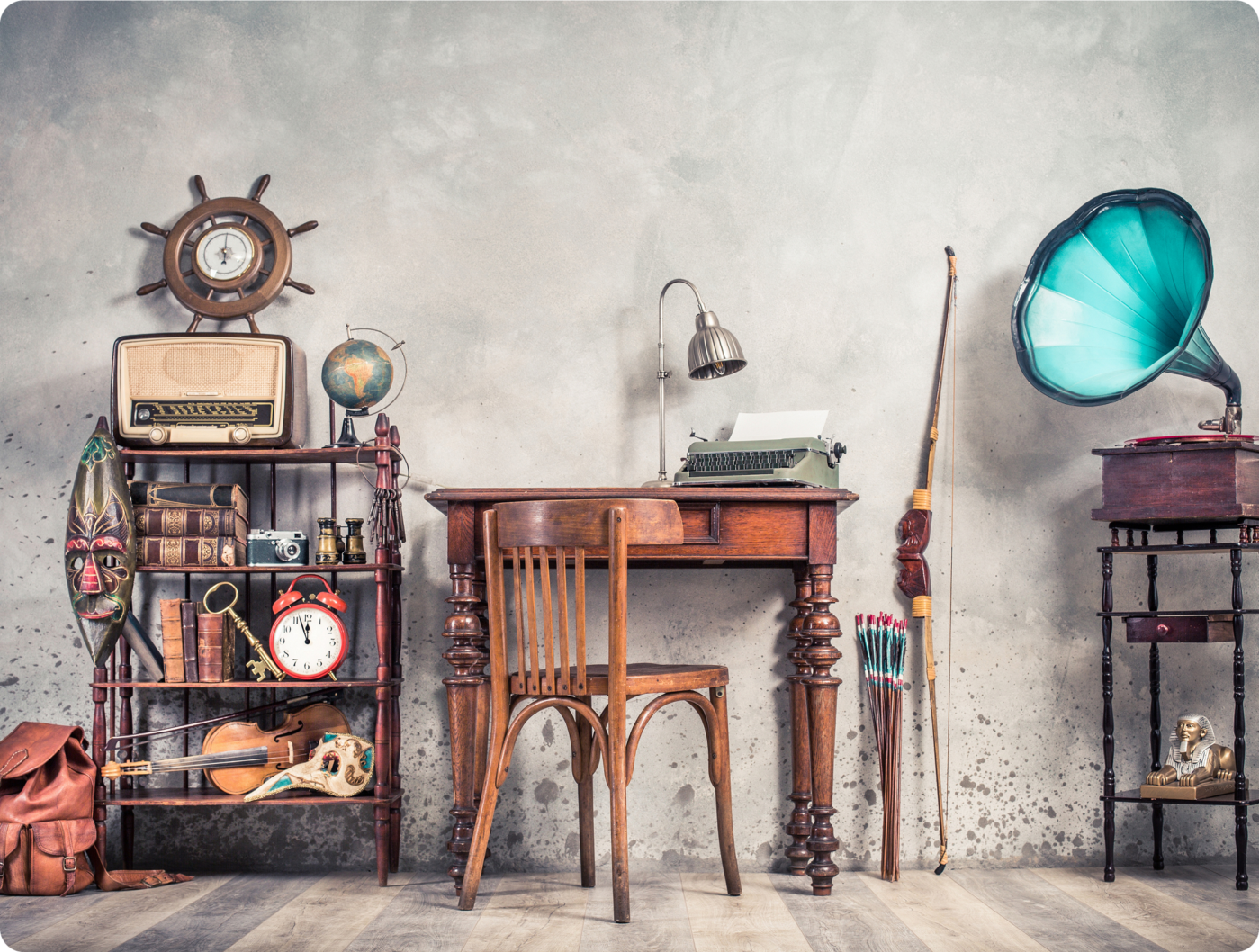 home1 A desk with a chair and clock on it
