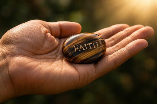 A polished Tiger’s Eye FAITH touchstone resting in an open hand